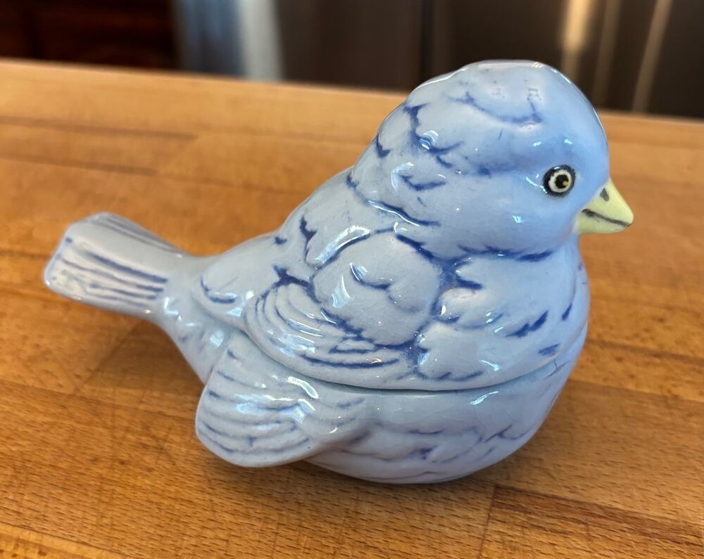 Vintage 1981 Blue Ceramic Bird Trinket Box Dish Figurine 7" Cottage Decor